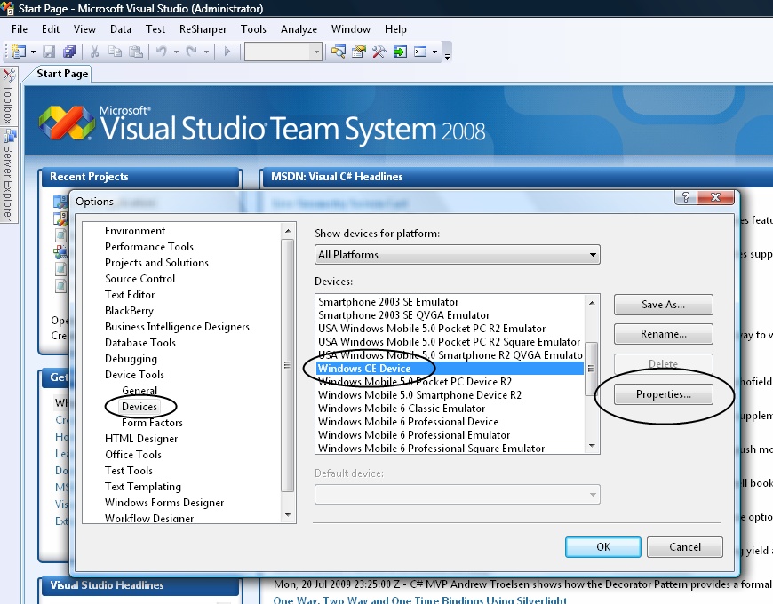 Setting the Visual Studio Windows CE device options